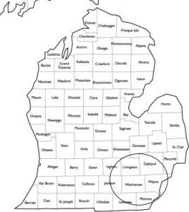 Map of Michigan showing services areas